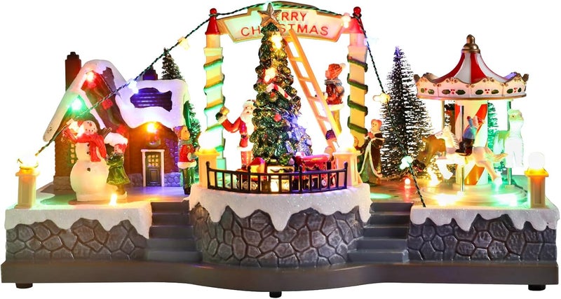 CHONSUN Christmas Village House 6.9 Inch Christmas Decorations Moving Train Carousel USB/3AA Batteries Holiday Snowman Music Village Indoor Lighted Figurines for Room Tabletop Decor - Image 1